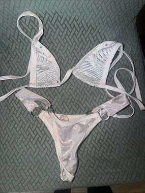 Women’s White Shimmer Triangle Bikini with Crystal Accents